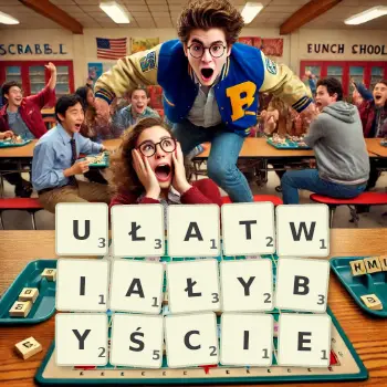 Kreatywna ilustracja do gry w Scrabble ze słowem UŁATWIAŁYBYŚCIE ułożonym z płytek na planszy.