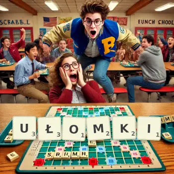 Kreatywna ilustracja do gry w Scrabble ze słowem UŁOMKI ułożonym z płytek na planszy.