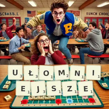 Kreatywna ilustracja do gry w Scrabble ze słowem UŁOMNIEJSZE ułożonym z płytek na planszy.