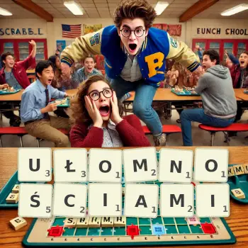 Kreatywna ilustracja do gry w Scrabble ze słowem UŁOMNOŚCIAMI ułożonym z płytek na planszy.