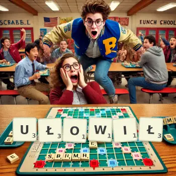 Kreatywna ilustracja do gry w Scrabble ze słowem UŁOWIŁ ułożonym z płytek na planszy.