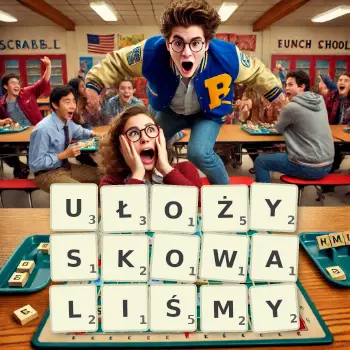 Kreatywna ilustracja do gry w Scrabble ze słowem UŁOŻYSKOWALIŚMY ułożonym z płytek na planszy.