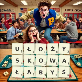 Kreatywna ilustracja do gry w Scrabble ze słowem UŁOŻYSKOWAŁABYŚ ułożonym z płytek na planszy.