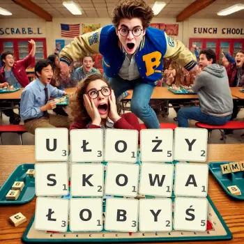 Kreatywna ilustracja do gry w Scrabble ze słowem UŁOŻYSKOWAŁOBYŚ ułożonym z płytek na planszy.