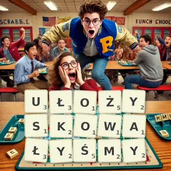 Kreatywna ilustracja do gry w Scrabble ze słowem UŁOŻYSKOWAŁYŚMY ułożonym z płytek na planszy.