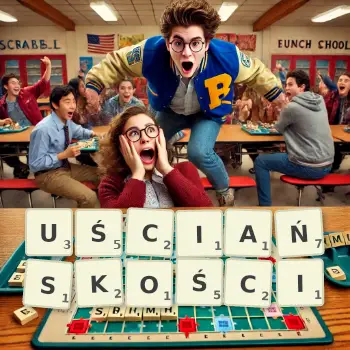 Kreatywna ilustracja do gry w Scrabble ze słowem UŚCIAŃSKOŚCI ułożonym z płytek na planszy.