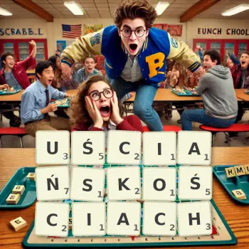 Kreatywna ilustracja do gry w Scrabble ze słowem UŚCIAŃSKOŚCIACH ułożonym z płytek na planszy.