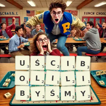 Kreatywna ilustracja do gry w Scrabble ze słowem UŚCIBOLILIBYŚMY ułożonym z płytek na planszy.