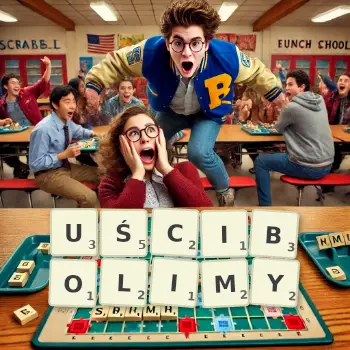 Kreatywna ilustracja do gry w Scrabble ze słowem UŚCIBOLIMY ułożonym z płytek na planszy.