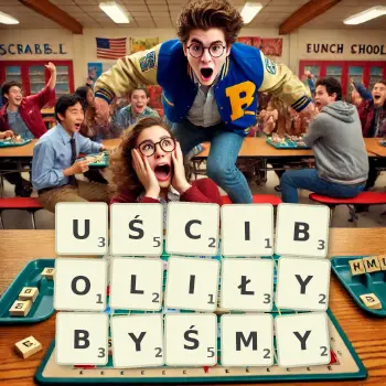 Kreatywna ilustracja do gry w Scrabble ze słowem UŚCIBOLIŁYBYŚMY ułożonym z płytek na planszy.