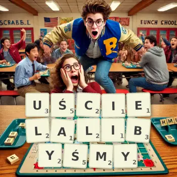 Kreatywna ilustracja do gry w Scrabble ze słowem UŚCIELALIBYŚMY ułożonym z płytek na planszy.