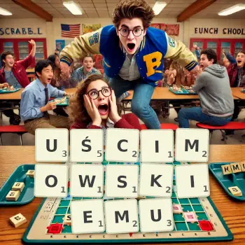 Kreatywna ilustracja do gry w Scrabble ze słowem UŚCIMOWSKIEMU ułożonym z płytek na planszy.