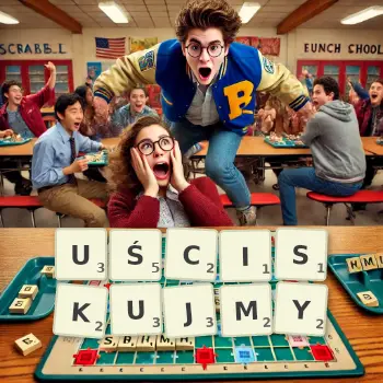 Kreatywna ilustracja do gry w Scrabble ze słowem UŚCISKUJMY ułożonym z płytek na planszy.