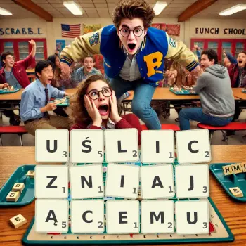 Kreatywna ilustracja do gry w Scrabble ze słowem UŚLICZNIAJĄCEMU ułożonym z płytek na planszy.