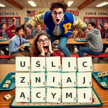 Kreatywna ilustracja do gry w Scrabble ze słowem UŚLICZNIAJĄCYMI ułożonym z płytek na planszy.