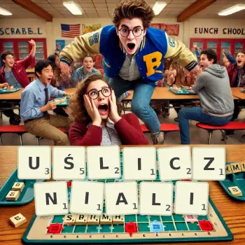 Kreatywna ilustracja do gry w Scrabble ze słowem UŚLICZNIALI ułożonym z płytek na planszy.