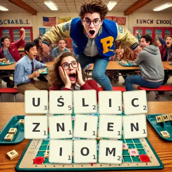 Kreatywna ilustracja do gry w Scrabble ze słowem UŚLICZNIENIOM ułożonym z płytek na planszy.