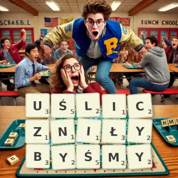 Kreatywna ilustracja do gry w Scrabble ze słowem UŚLICZNIŁYBYŚMY ułożonym z płytek na planszy.