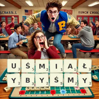 Kreatywna ilustracja do gry w Scrabble ze słowem UŚMIAŁYBYŚMY ułożonym z płytek na planszy.