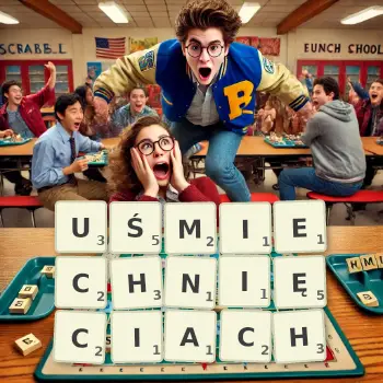 Kreatywna ilustracja do gry w Scrabble ze słowem UŚMIECHNIĘCIACH ułożonym z płytek na planszy.