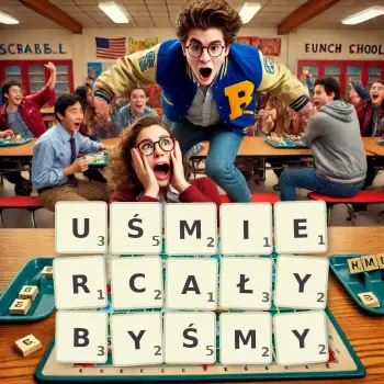 Kreatywna ilustracja do gry w Scrabble ze słowem UŚMIERCAŁYBYŚMY ułożonym z płytek na planszy.