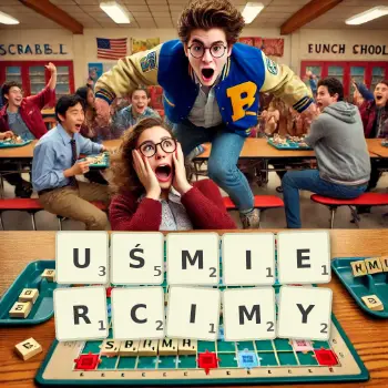 Kreatywna ilustracja do gry w Scrabble ze słowem UŚMIERCIMY ułożonym z płytek na planszy.