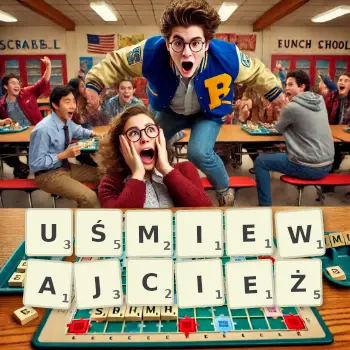 Kreatywna ilustracja do gry w Scrabble ze słowem UŚMIEWAJCIEŻ ułożonym z płytek na planszy.