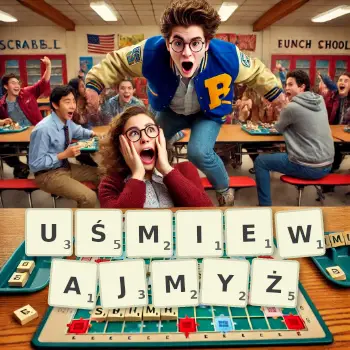 Kreatywna ilustracja do gry w Scrabble ze słowem UŚMIEWAJMYŻ ułożonym z płytek na planszy.