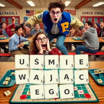 Kreatywna ilustracja do gry w Scrabble ze słowem UŚMIEWAJĄCEGO ułożonym z płytek na planszy.