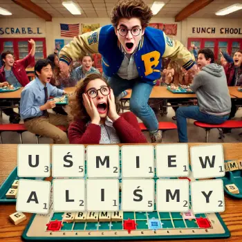 Kreatywna ilustracja do gry w Scrabble ze słowem UŚMIEWALIŚMY ułożonym z płytek na planszy.