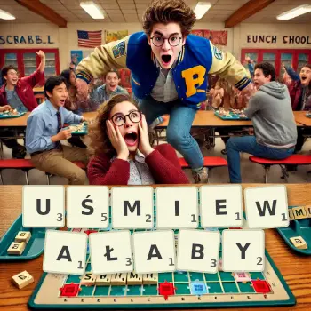 Kreatywna ilustracja do gry w Scrabble ze słowem UŚMIEWAŁABY ułożonym z płytek na planszy.