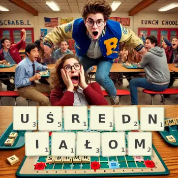 Kreatywna ilustracja do gry w Scrabble ze słowem UŚREDNIAŁOM ułożonym z płytek na planszy.
