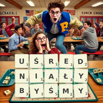 Kreatywna ilustracja do gry w Scrabble ze słowem UŚREDNIAŁYBYŚMY ułożonym z płytek na planszy.