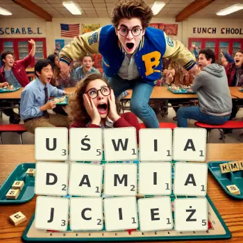 Kreatywna ilustracja do gry w Scrabble ze słowem UŚWIADAMIAJCIEŻ ułożonym z płytek na planszy.