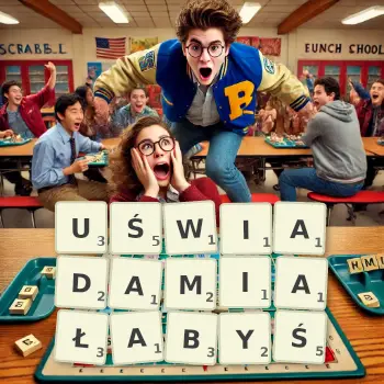 Kreatywna ilustracja do gry w Scrabble ze słowem UŚWIADAMIAŁABYŚ ułożonym z płytek na planszy.