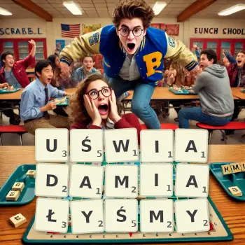 Kreatywna ilustracja do gry w Scrabble ze słowem UŚWIADAMIAŁYŚMY ułożonym z płytek na planszy.