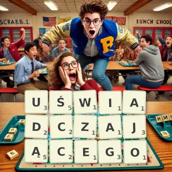 Kreatywna ilustracja do gry w Scrabble ze słowem UŚWIADCZAJĄCEGO ułożonym z płytek na planszy.