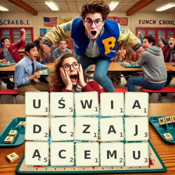 Kreatywna ilustracja do gry w Scrabble ze słowem UŚWIADCZAJĄCEMU ułożonym z płytek na planszy.