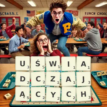 Kreatywna ilustracja do gry w Scrabble ze słowem UŚWIADCZAJĄCYCH ułożonym z płytek na planszy.