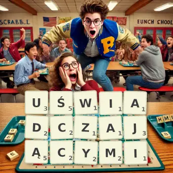 Kreatywna ilustracja do gry w Scrabble ze słowem UŚWIADCZAJĄCYMI ułożonym z płytek na planszy.