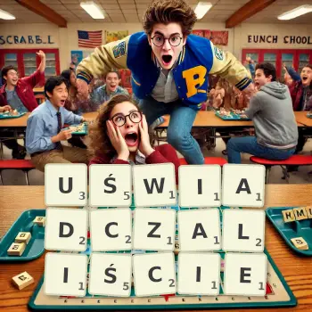 Kreatywna ilustracja do gry w Scrabble ze słowem UŚWIADCZALIŚCIE ułożonym z płytek na planszy.