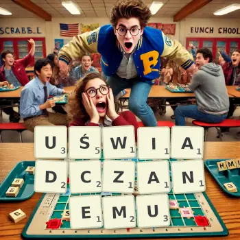 Kreatywna ilustracja do gry w Scrabble ze słowem UŚWIADCZANEMU ułożonym z płytek na planszy.