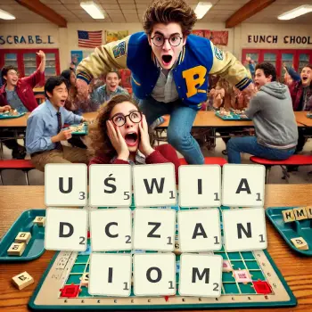 Kreatywna ilustracja do gry w Scrabble ze słowem UŚWIADCZANIOM ułożonym z płytek na planszy.