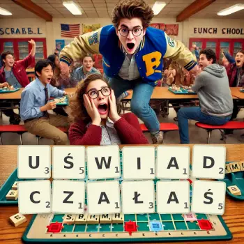 Kreatywna ilustracja do gry w Scrabble ze słowem UŚWIADCZAŁAŚ ułożonym z płytek na planszy.
