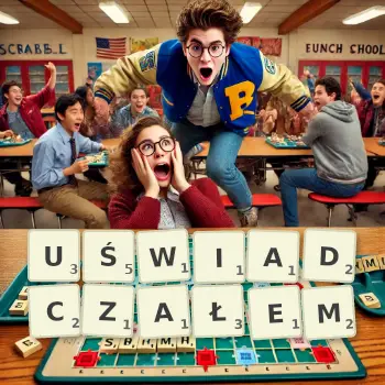 Kreatywna ilustracja do gry w Scrabble ze słowem UŚWIADCZAŁEM ułożonym z płytek na planszy.