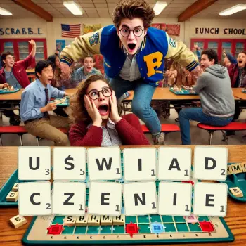 Kreatywna ilustracja do gry w Scrabble ze słowem UŚWIADCZENIE ułożonym z płytek na planszy.