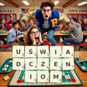 Kreatywna ilustracja do gry w Scrabble ze słowem UŚWIADCZENIOM ułożonym z płytek na planszy.