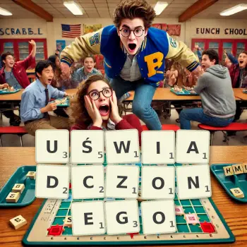 Kreatywna ilustracja do gry w Scrabble ze słowem UŚWIADCZONEGO ułożonym z płytek na planszy.