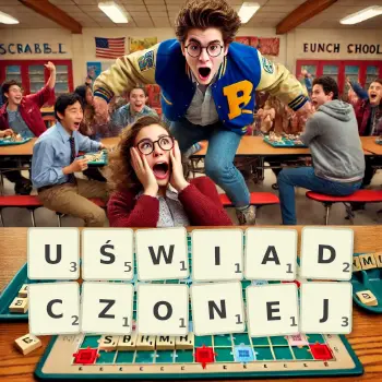 Kreatywna ilustracja do gry w Scrabble ze słowem UŚWIADCZONEJ ułożonym z płytek na planszy.