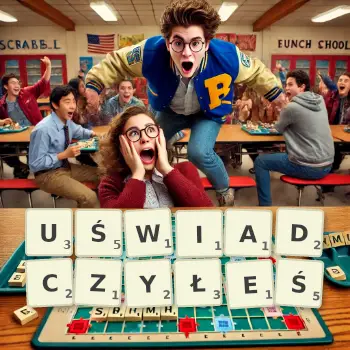 Kreatywna ilustracja do gry w Scrabble ze słowem UŚWIADCZYŁEŚ ułożonym z płytek na planszy.